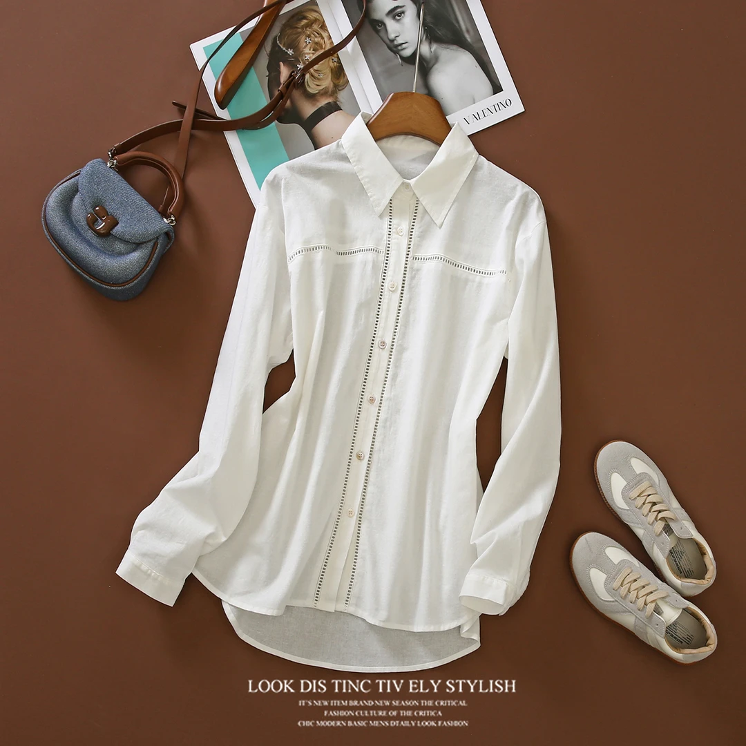 特！线下21&9！镂空刺绣！含苎麻~棉感舒适翻领设计感衬衫 L72398