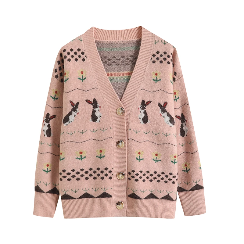 现货！门店27&9！卡通兔提花~休闲宽松百搭针织开衫上衣女 H00272