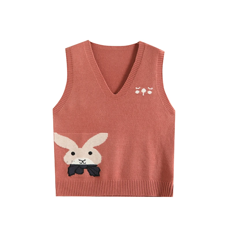 现货！门店16&9！卡通兔子图案~V领百搭女式针织马甲H00369