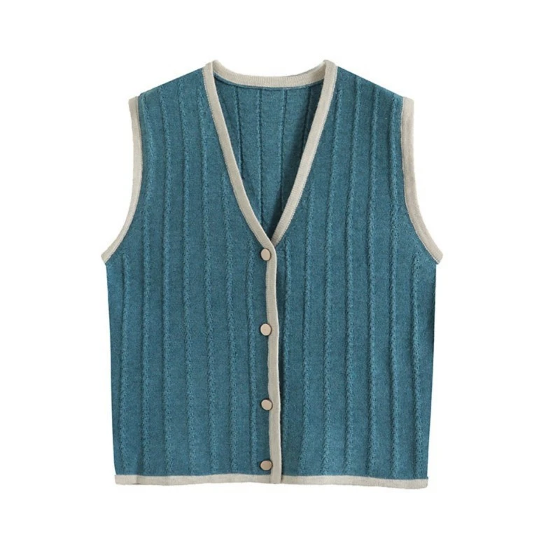 现货！门店15&9！竖条纹理~柔软舒适拼色边女式针织马甲H00113