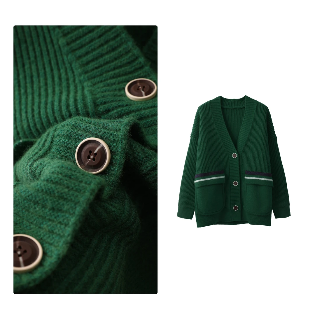 现货！门店21&9！拼色贴袋~舒适精致拼色坑条针织开衫女 H00191