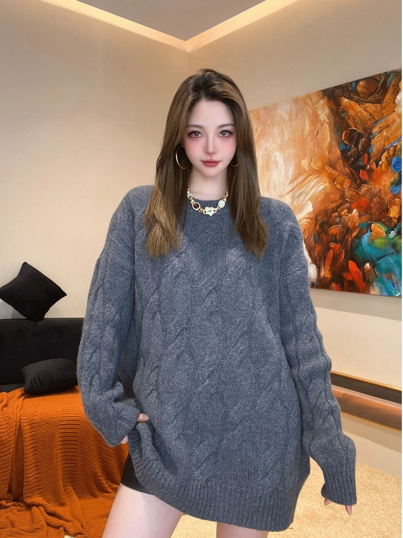01-100秋冬轻奢羊绒慵懒风圆领开衫衫长袖时尚纯色百搭针织衫