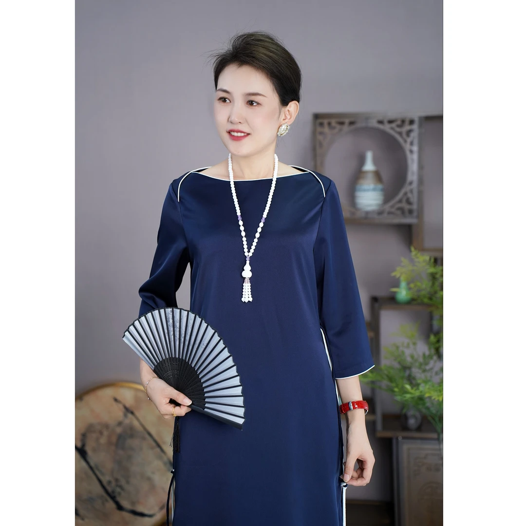 OULUM【海蓝之谜】醋酸气质国风连衣裙