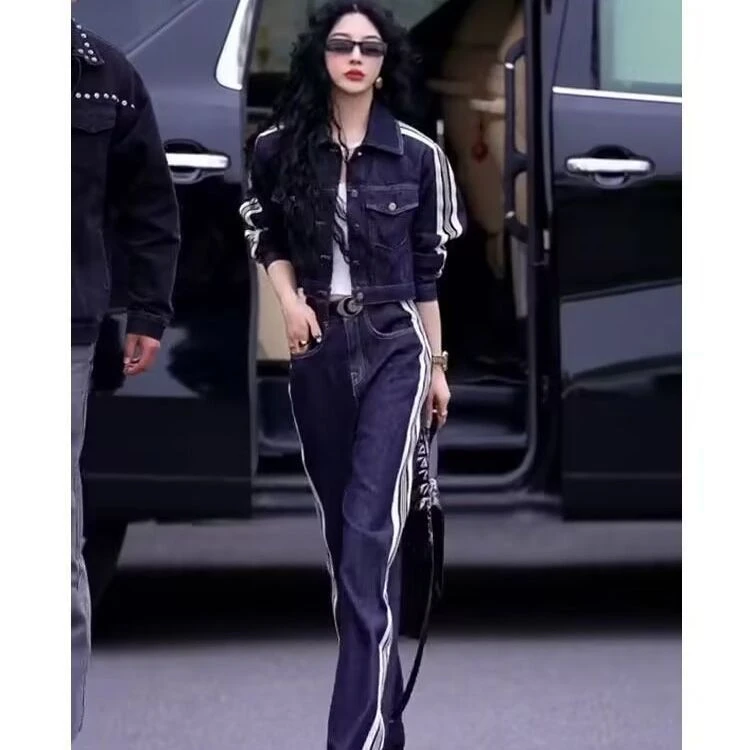 港风个性潮流两件套纽扣开衫翻领春秋牛仔上衣宽松显瘦牛仔裤套装