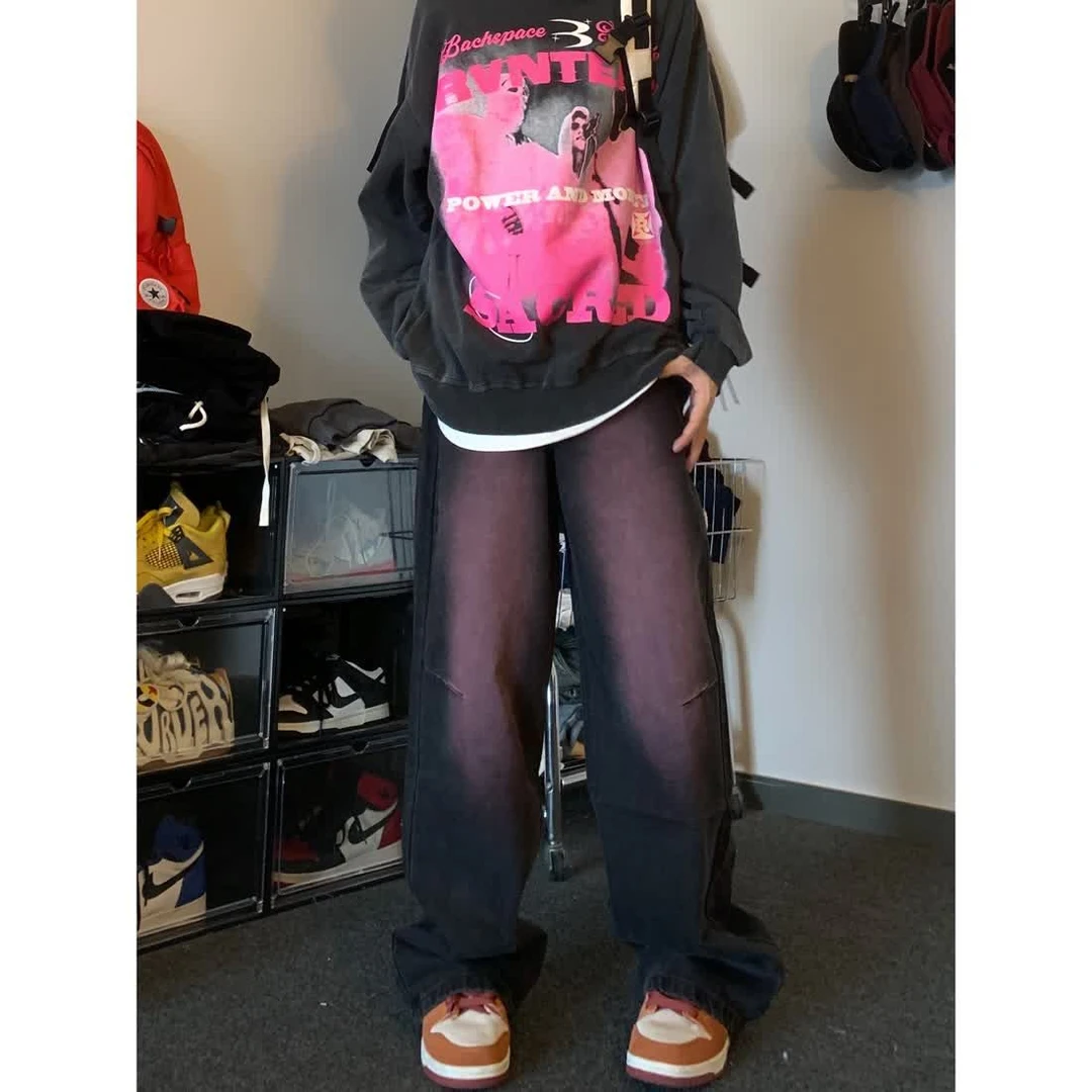 美式vibe风复古紫色水洗做旧牛仔裤潮牌高街宽松直筒男女休闲长裤