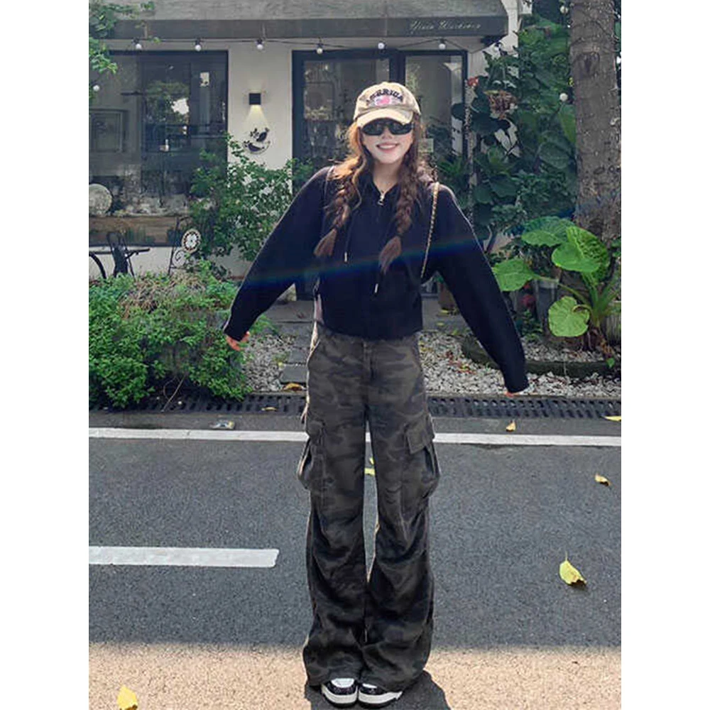 美式阔腿高腰迷彩工装牛仔裤女春秋新款街头风多口袋宽松休闲裤潮