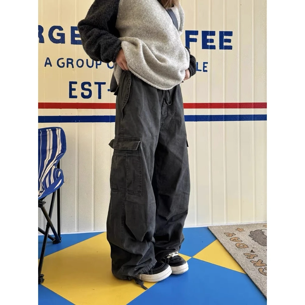 川川也美式复古多口袋水洗宽松工装裤男女街头做旧抽绳阔腿裤子潮