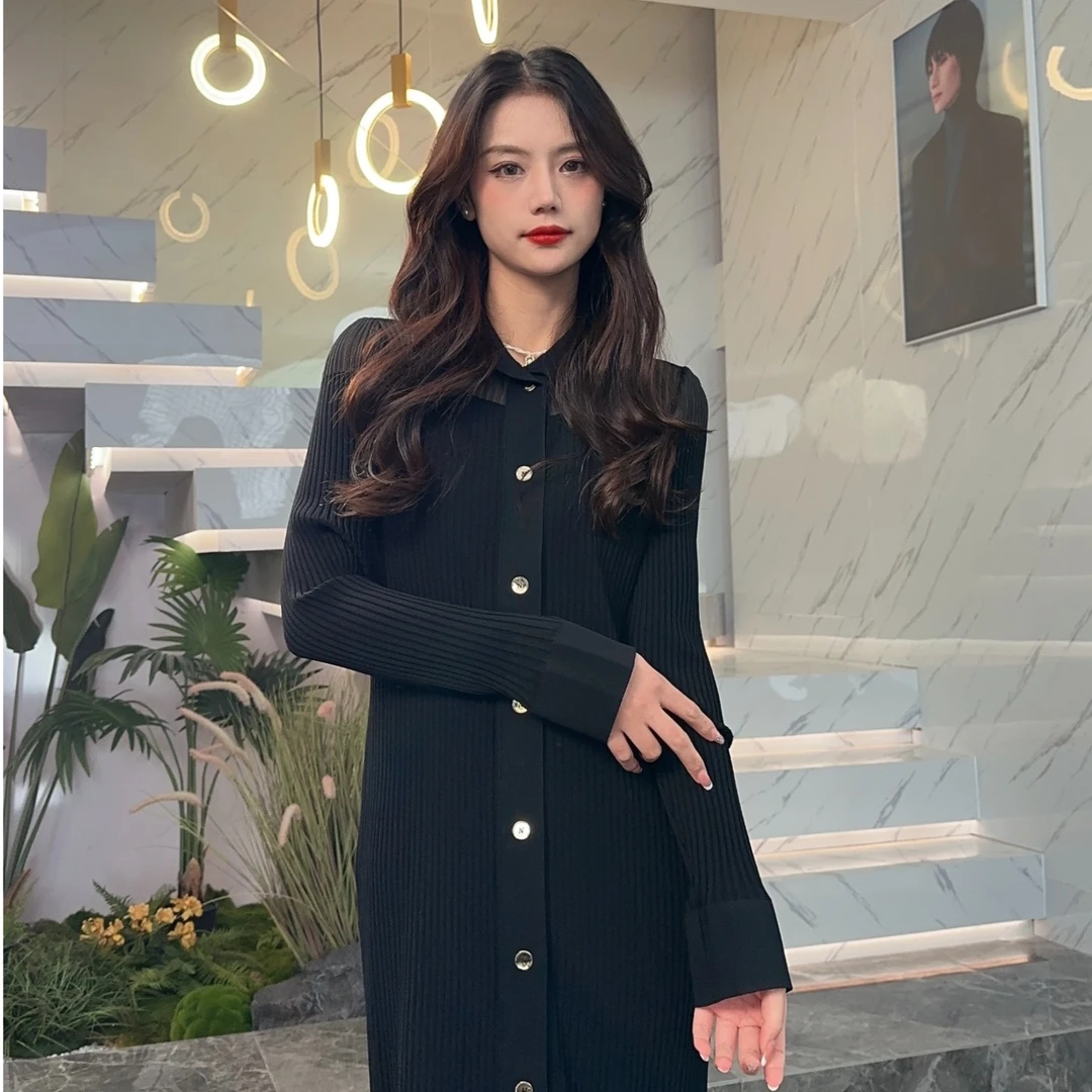 NEXY.CO/奈蔻Polo领毛织连衣裙修身百褶秋季显瘦赫本裙XF04157W0
