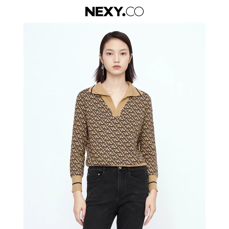 NEXY.CO/奈蔻针织衫春百搭气质通勤纯色时尚V领羊毛衫XZ01478D2