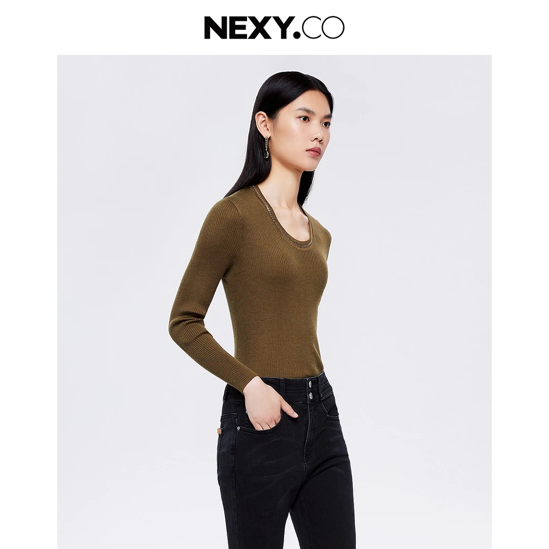 NEXY.CO/奈蔻修身针织衫时尚长袖显瘦秋季套头圆领纯色XZ01694D4