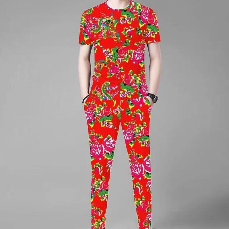 红色东北大花短袖长裤套装时装展主播喜庆婚庆服饰潮男爆款情侣款