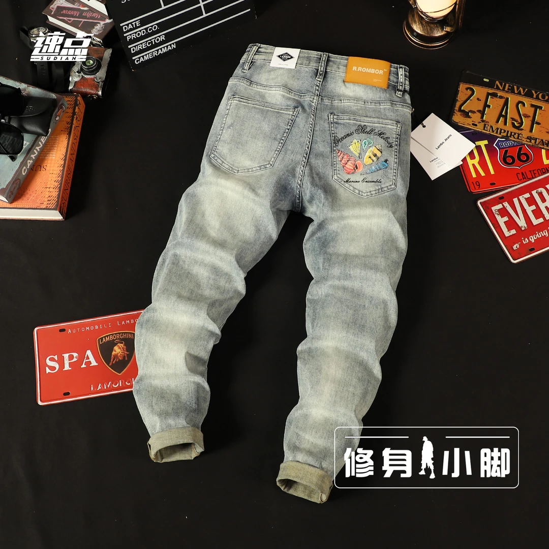 （九分）轻奢印花牛仔裤男士春夏季潮牌破洞弹力修身小脚休闲九分裤