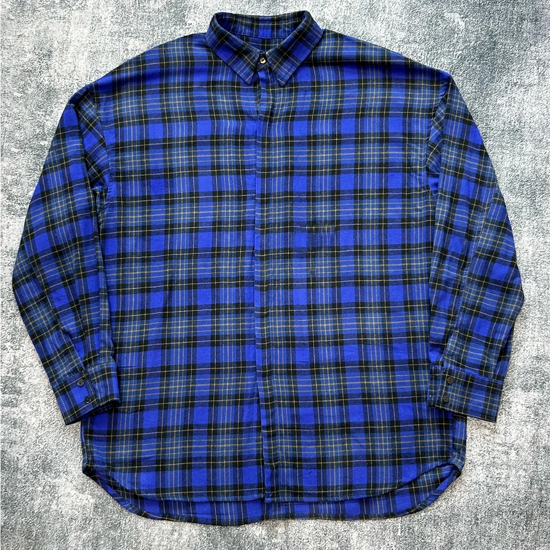 黑洞之眼第11季 秋新品柔软垂感洗水做旧深海蓝格子衬衫美式复古