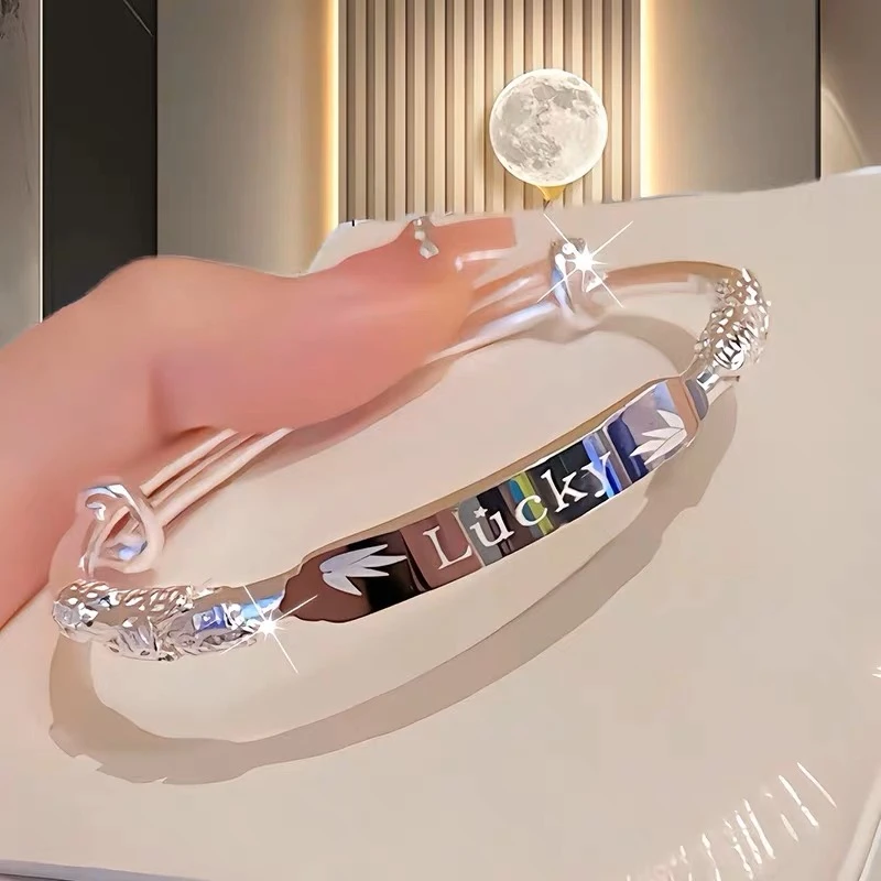 足银手镯 足银9999浮雕花丝银手镯女款纯银亮面Lucky幸运民族风