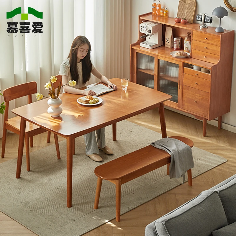 全实木餐桌樱桃木色餐厅吃饭桌子家用书桌小户型简约餐桌椅长方形
