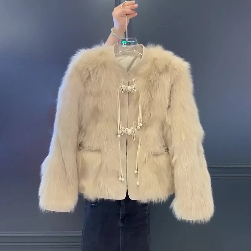 新中式国风气质毛毛外套女秋冬新款圆领盘扣宽松短外套30280#