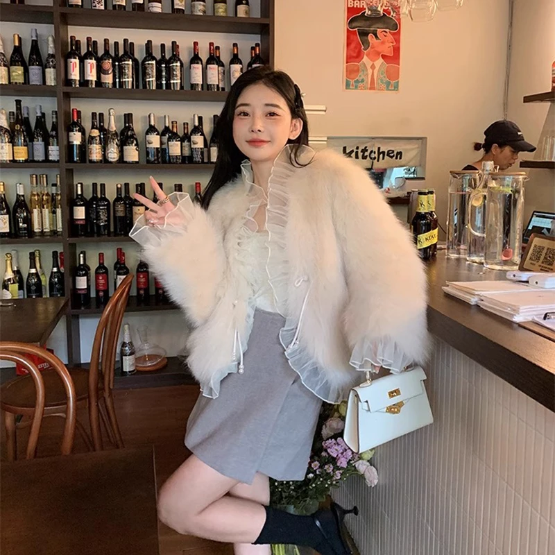 小香风秋冬季新款蕾丝拼接外套女V领珍珠盘扣百搭毛毛外套27069#