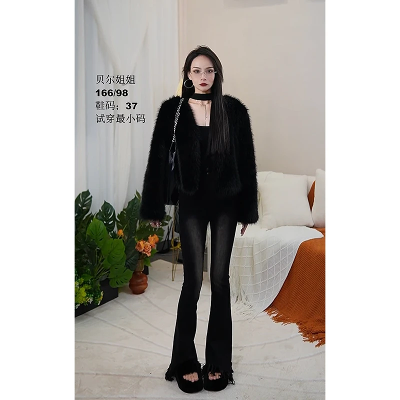 美拉德  毛毛外套女厚款秋冬新款V领软软小香气质毛毛外套22972#