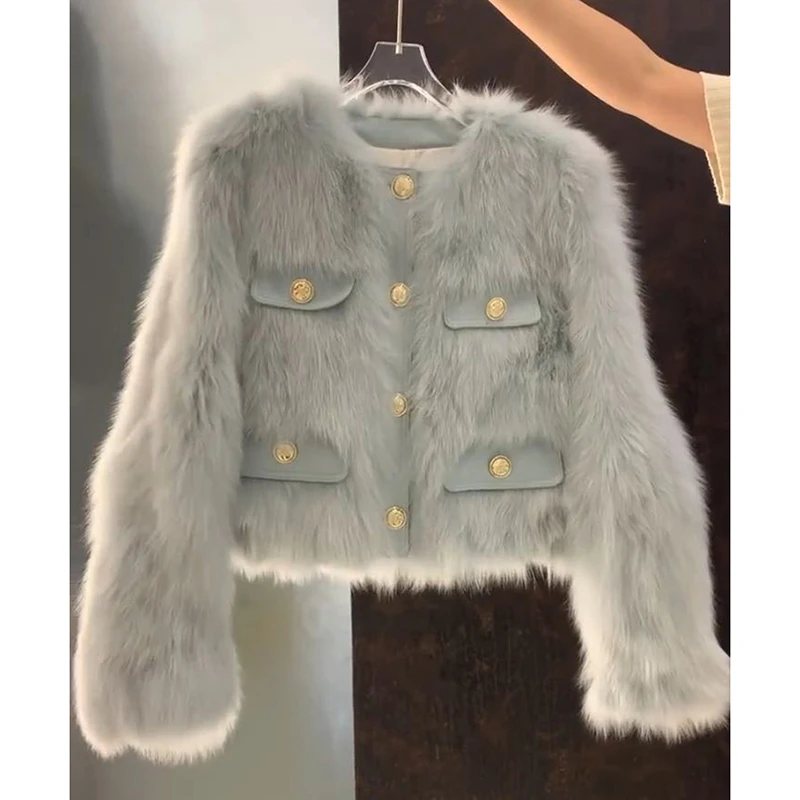 美拉德五金女孩蓝灰色毛毛外套女秋冬新款气质名媛短款外套27906#