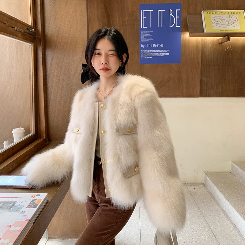 韩版小金扣气质秋冬款小香风毛毛外套小个子短款外套女27893#