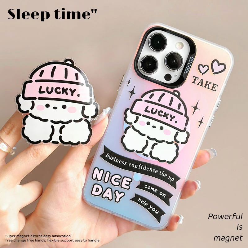 酷帅比熊iPhone磁吸保护套可爱卡通苹果15电镀创意支架华为手机壳