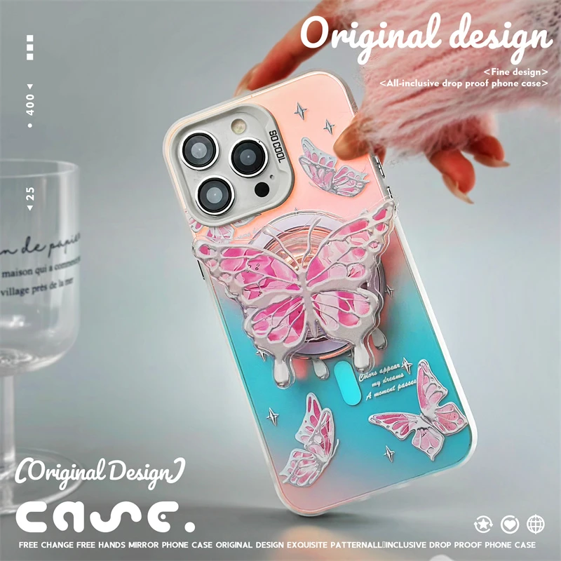 水晶蝴蝶iPhone磁吸手机壳华为少女渐变高级小众创意支架苹果保护