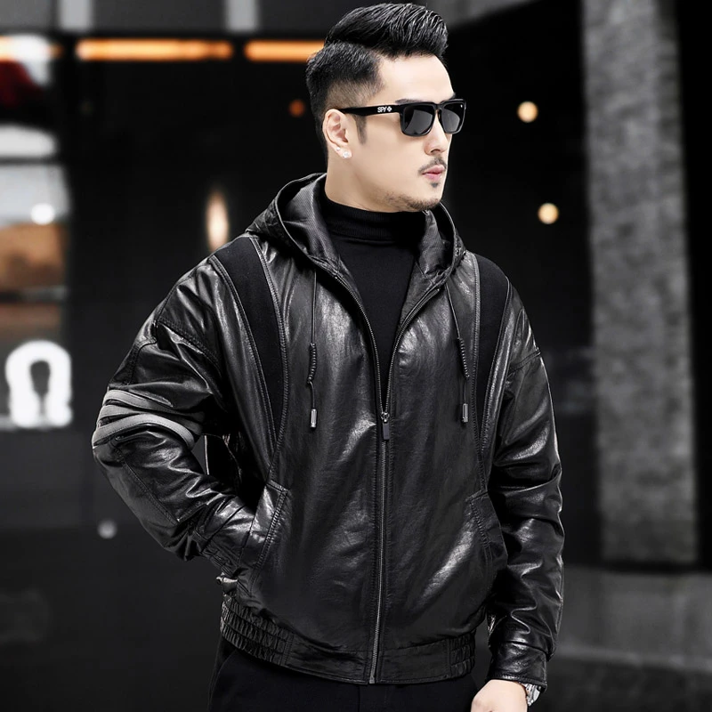 5088时尚休闲男士真皮皮衣短款连帽海宁皮夹克山羊皮外套潮流韩版