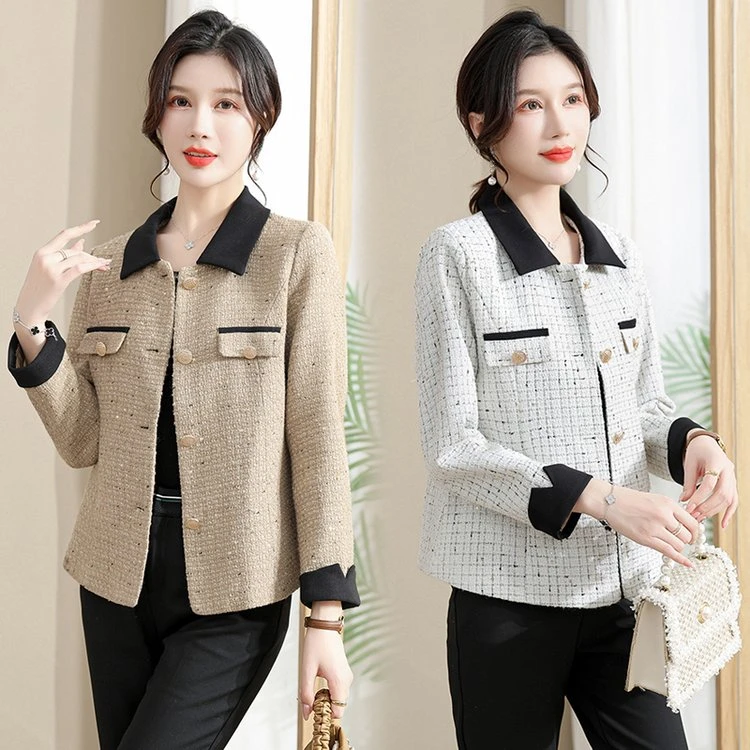 中年妈妈装小个子女装外套小香风春秋时尚长袖小西装呢格子上衣