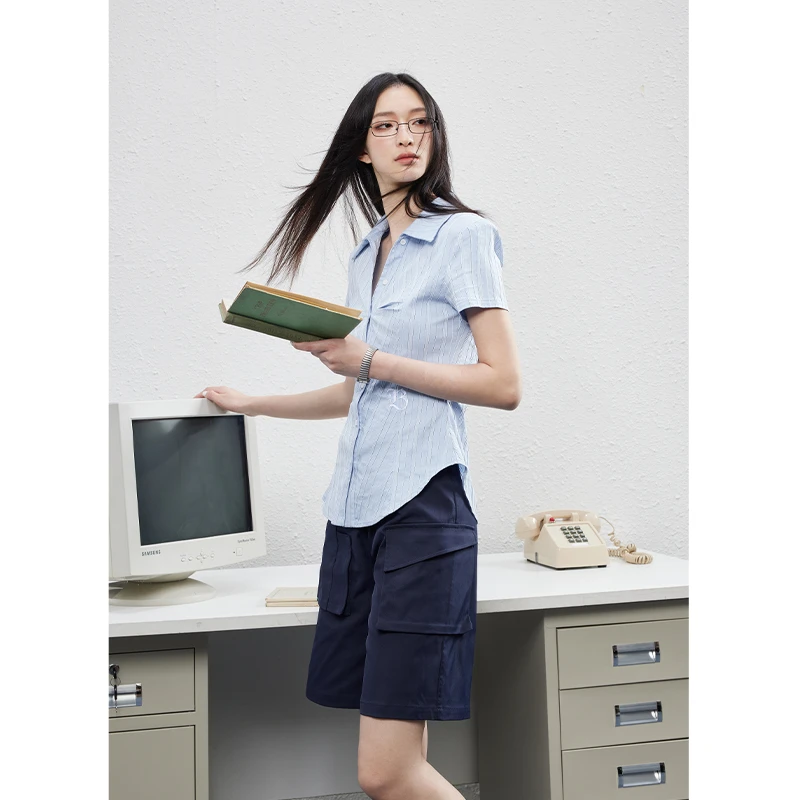 OBGD辣妹纯欲收腰修身条纹短袖衬衫女夏季学院风收褶显瘦衬衣U103