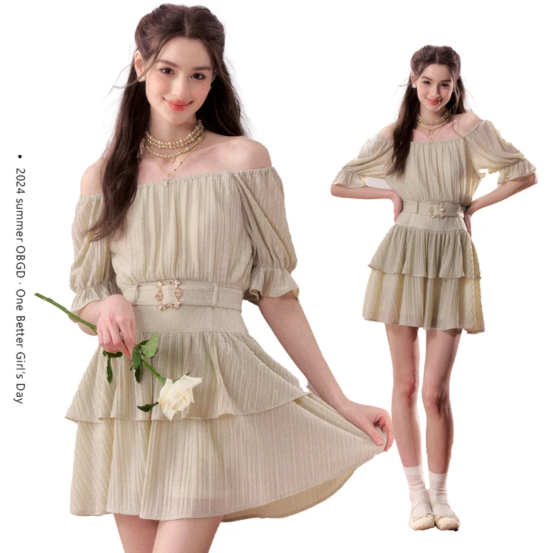 OBGD纯欲韩系温柔风千金一字肩连衣裙收腰夏季短袖裙子OK125