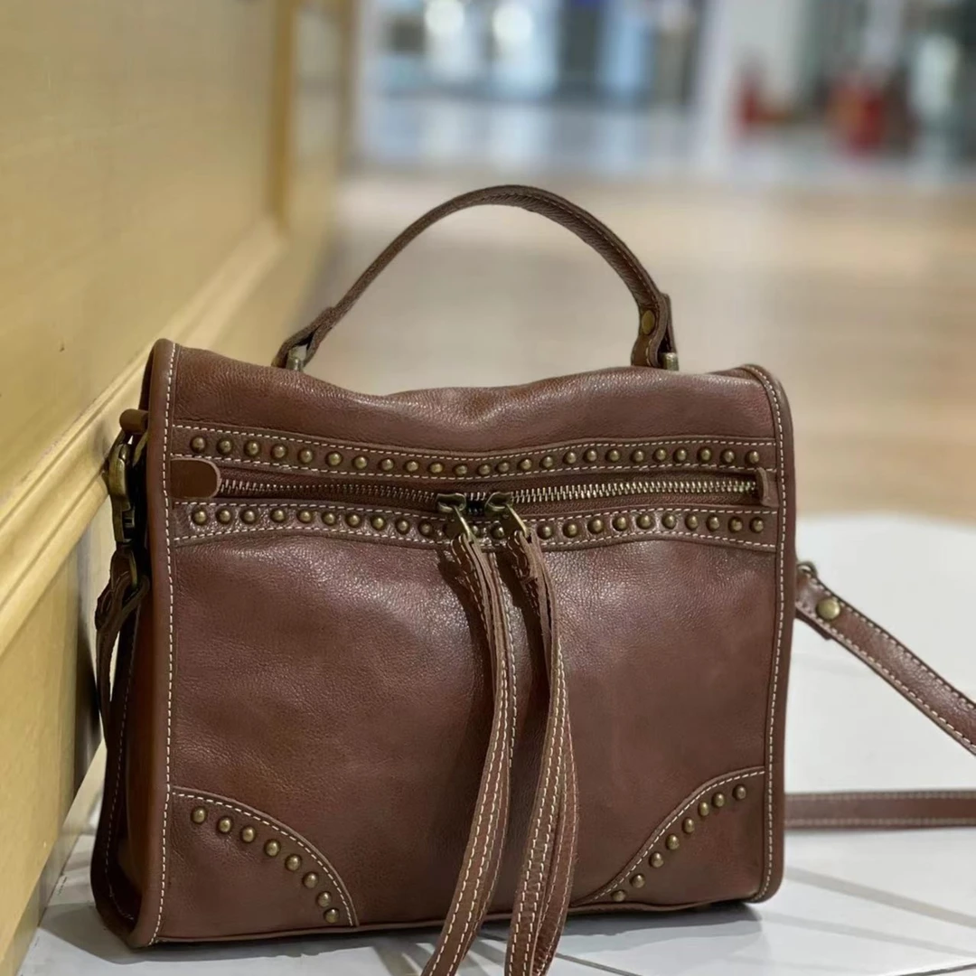 西部印像复古手工头层牛皮休闲百搭通勤风手拎包机车包210831