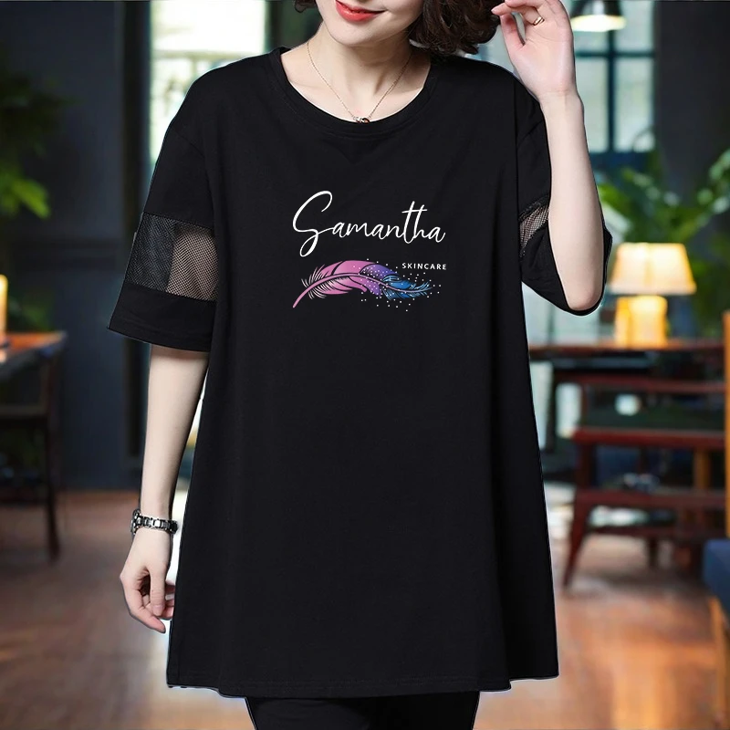 大码女装中长款短袖t恤夏季遮肚子显瘦200斤宽松中年妈妈上衣百搭