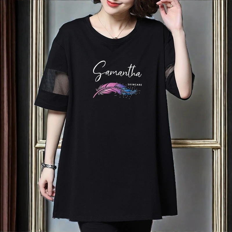 大码女装中长款短袖t恤夏季遮肚子显瘦200斤宽松中年妈妈上衣百搭