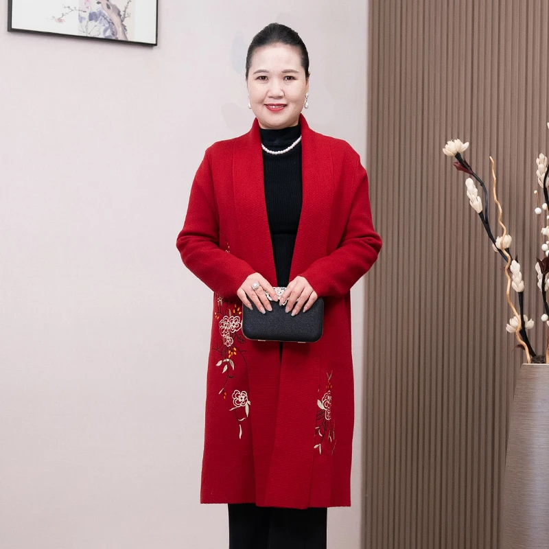 中长款呢子冬季外套风衣中老年中年加厚秋冬妈妈装洋气红色双面