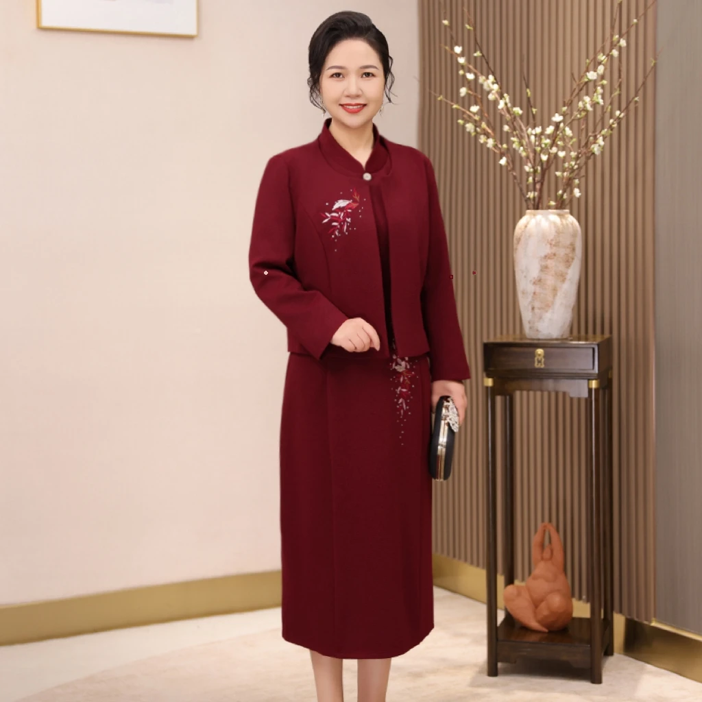 简约时尚大气绣花高贵喜妈妈婚宴套装连衣裙开衫喜婆婆订婚喜服裙