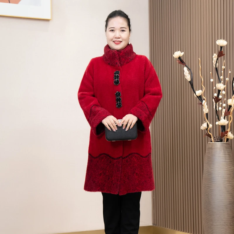 暖大码妈妈装中年女装中长款加绒冬保加厚高贵婚宴大衣毛呢外套