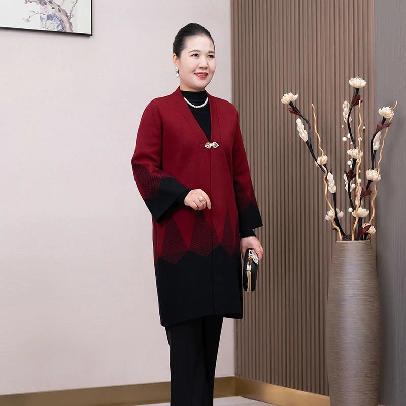 妈妈装针织中老年开衫加厚冬装秋冬毛呢毛衣高贵中长款外套女