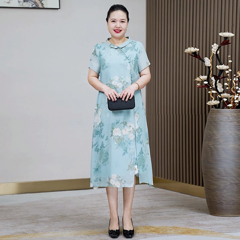 中年女装大码妈妈装旗袍气质连衣裙夏季中国风中长款印花宽松高贵