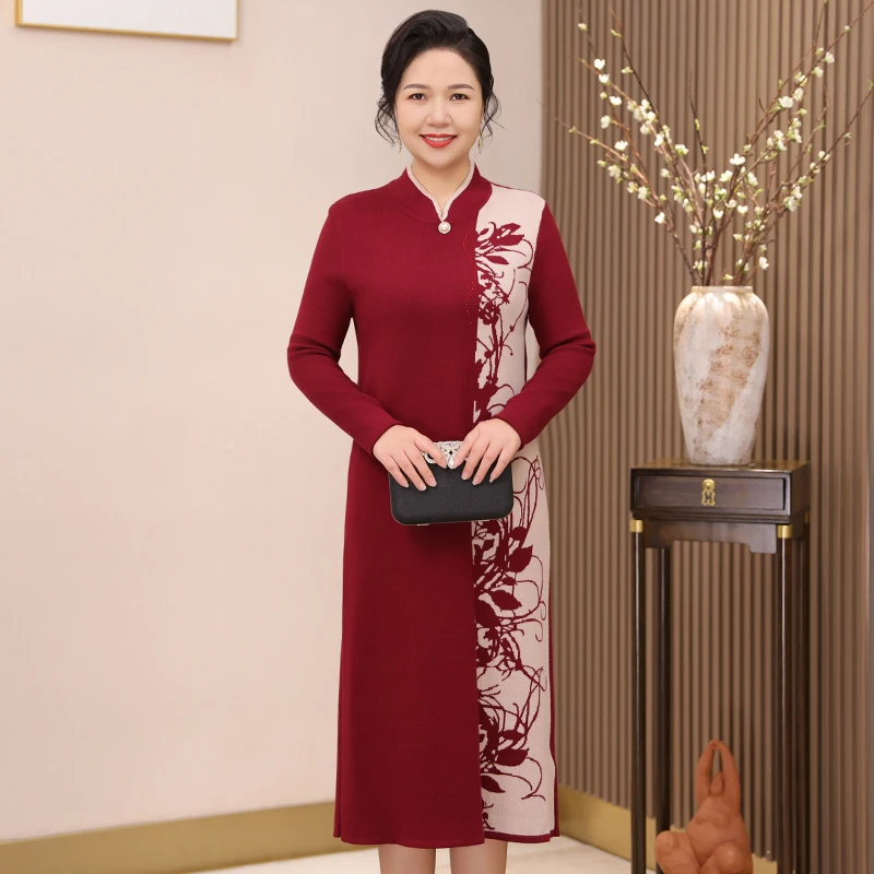 喜婆婆婚宴装连衣裙毛衣裙子中老年女装针织裙平时可穿秋冬打底裙