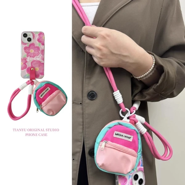 ins风油画粉色花朵适用苹果15手机壳iPhone14promax全包13斜跨12