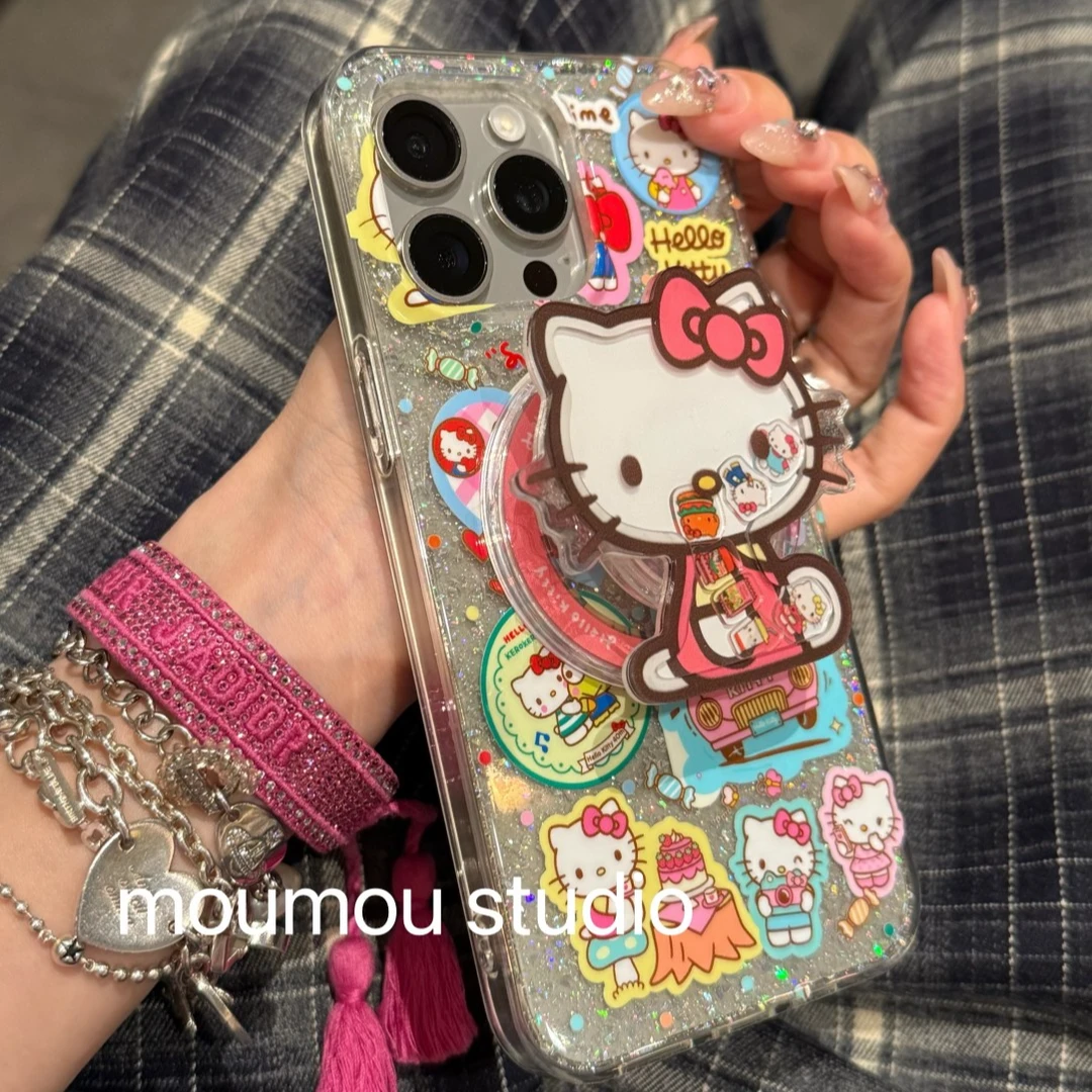 闪闪卡通贴纸kt猫摇摇乐支架适用苹果16手机壳15可爱14promax女13