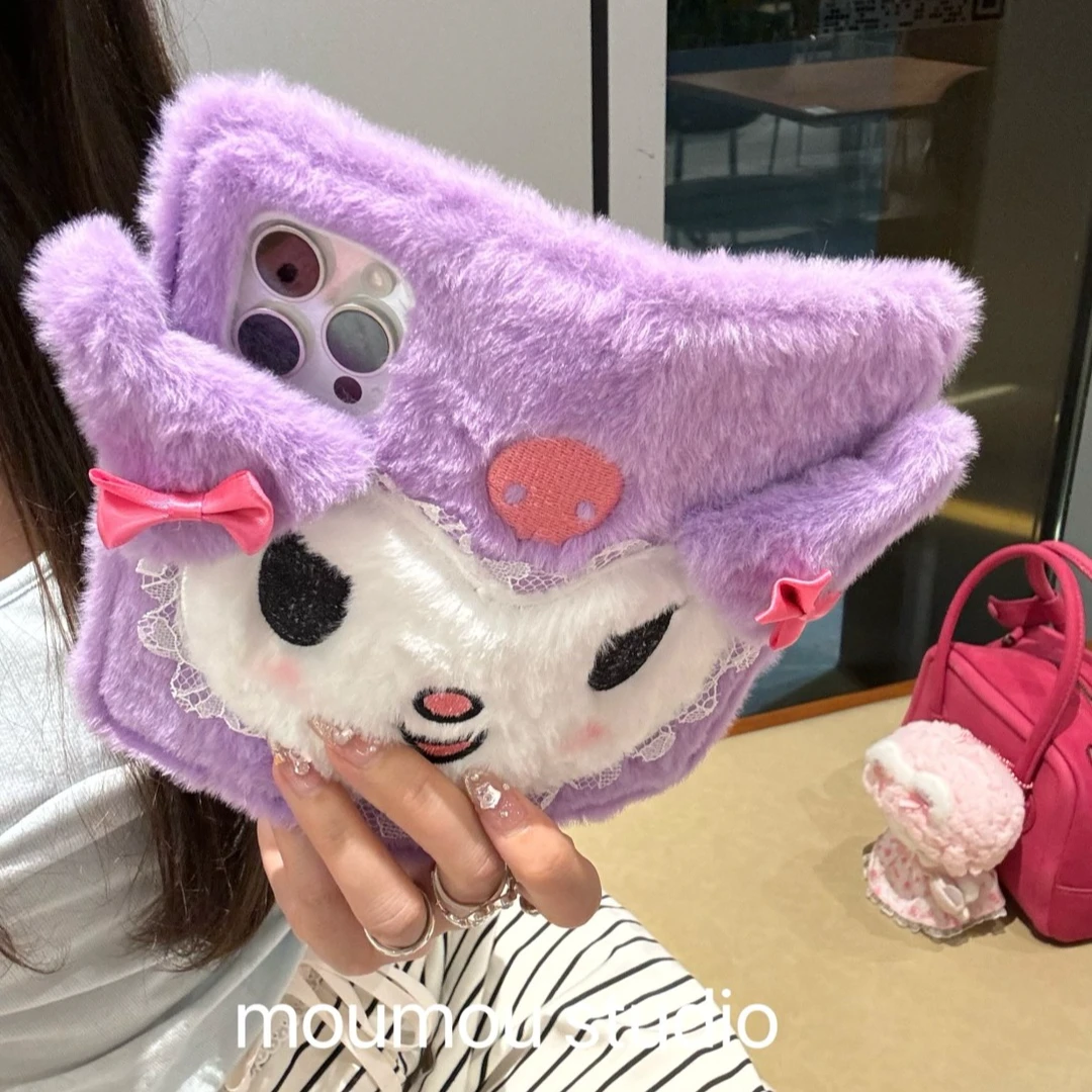 可爱毛绒库洛米表情翻盖适用苹果16手机壳15卡通14promax少女心13