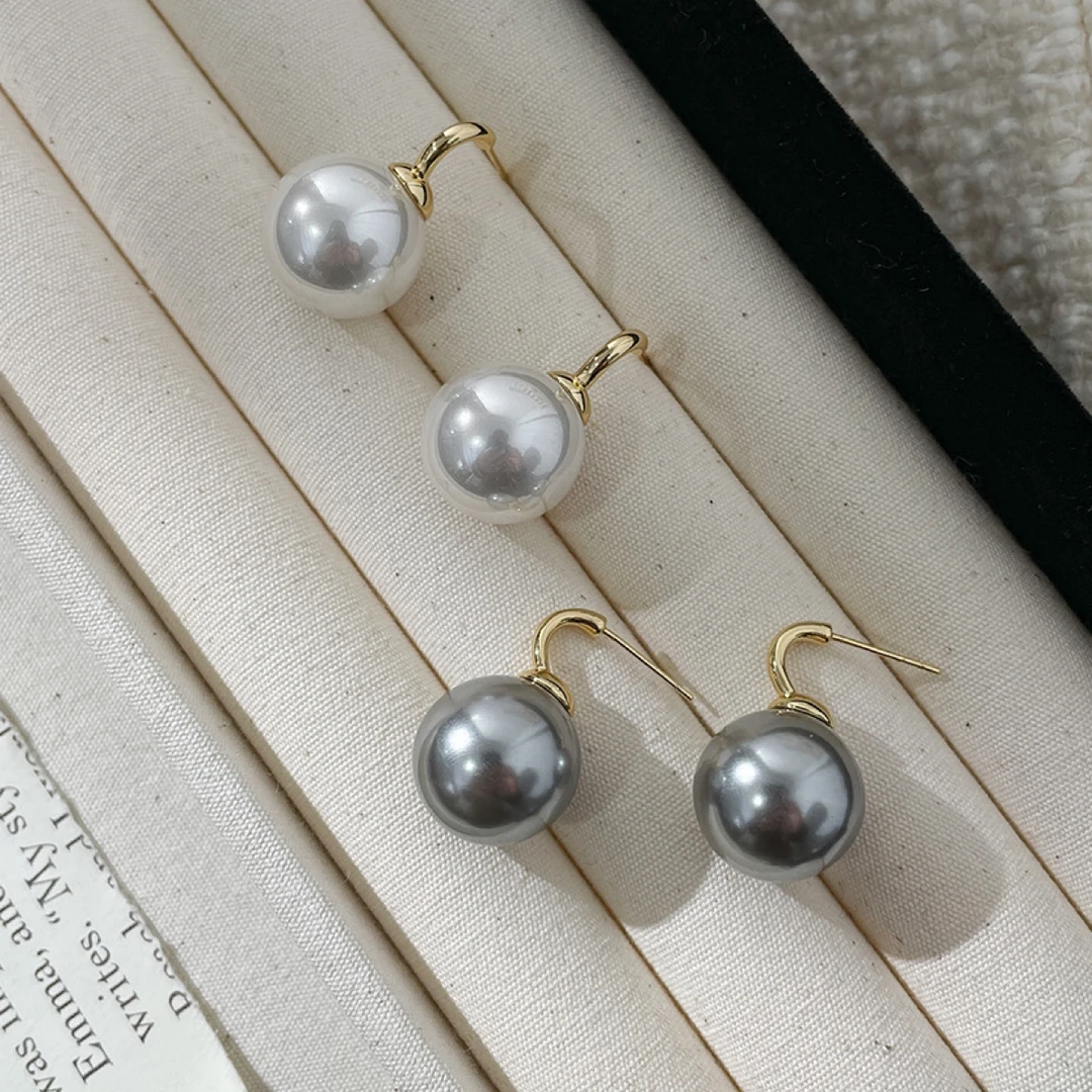 铜合金耳饰 16mm灰色白色仿珍珠耳环高级感百搭C形耳饰耳钩