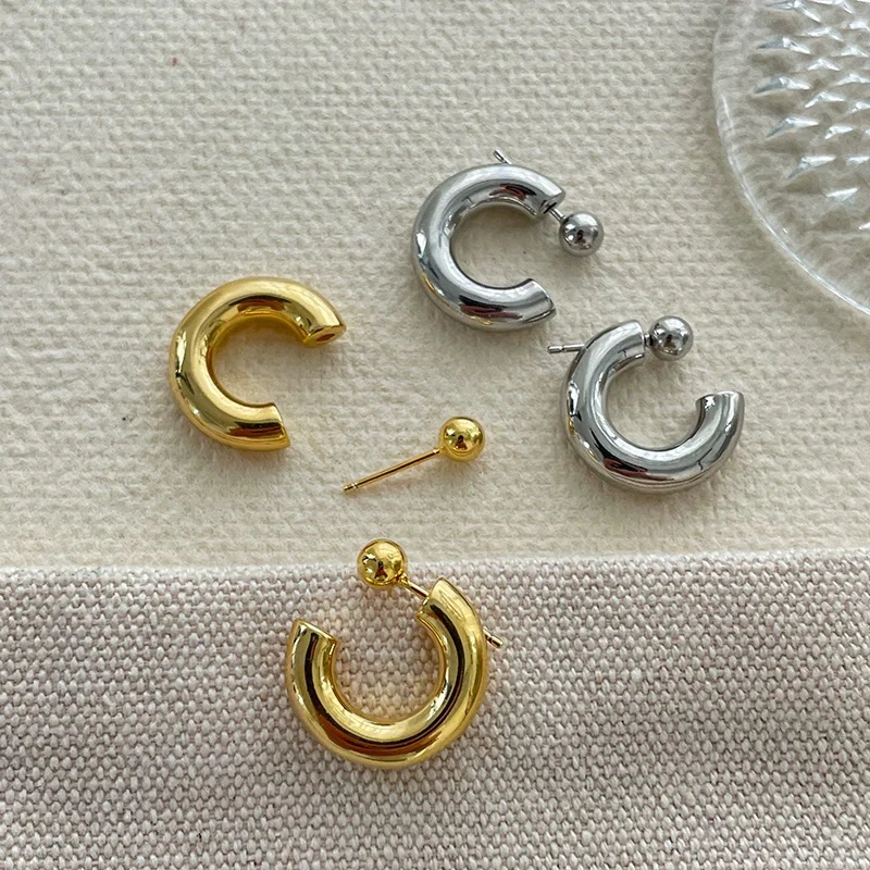 铜合金耳饰 欧美极简百搭前后式半圆环豆珠圈圈C形耳环