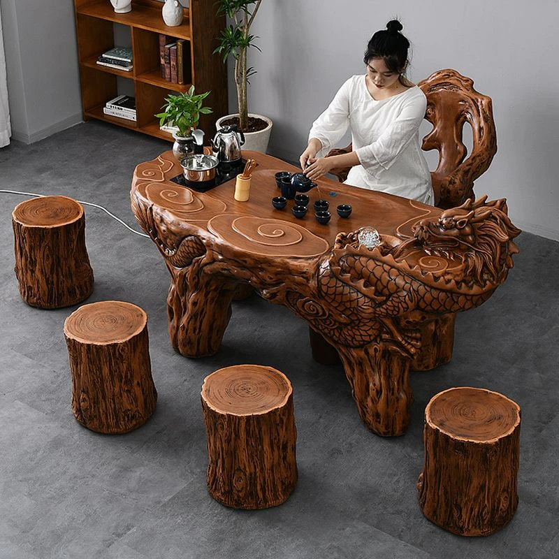 新中式桌椅组合办公室仿根雕龙桌家用功夫茶台一体泡茶桌防潮防腐