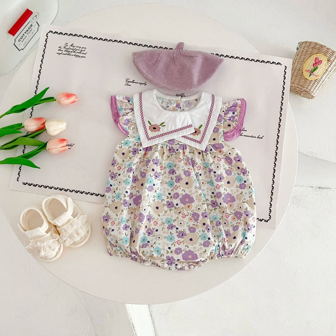 夏款连体衣夏季新款女宝宝婴儿可爱绣花娃娃领哈衣爬服碎花包屁衣