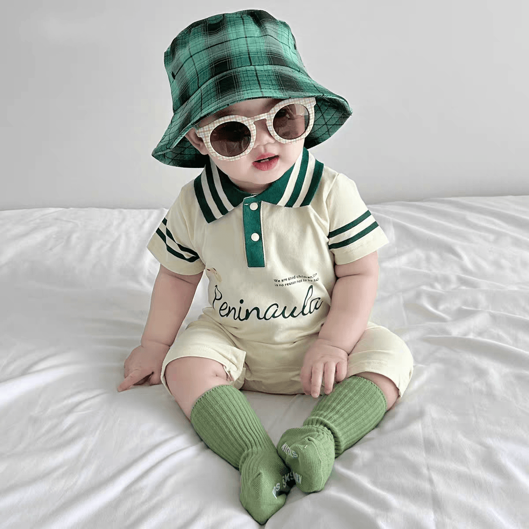 婴儿夏季翻领短袖哈衣薄纯棉连体衣卡通熊男宝宝洋气英伦风爬服