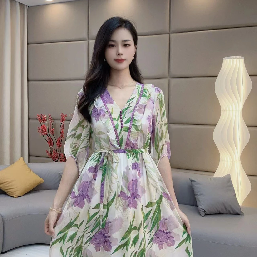 “鸢尾花”  韩版真丝连衣裙宽松连衣裙气质显瘦碎花时尚印花 75073