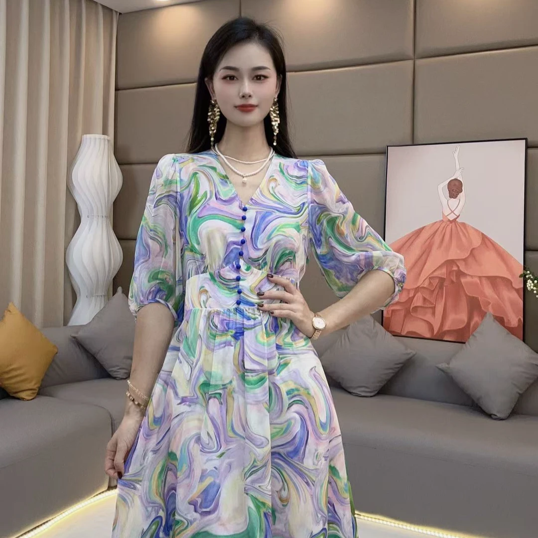 “彩虹糖果” 真丝连衣裙碎花显瘦气质时尚 90175