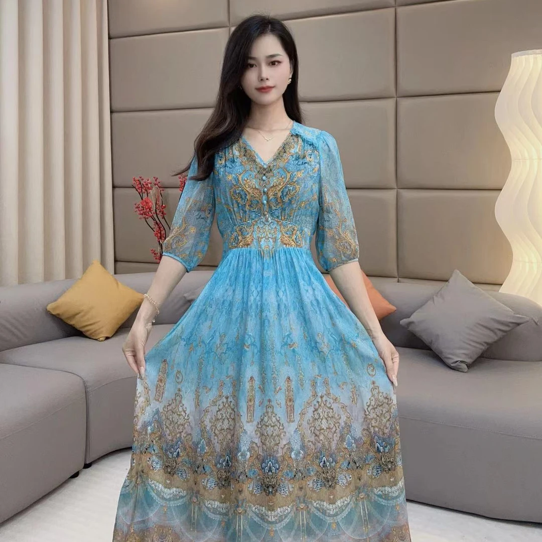 ‘’蓝色定位花‘’ 法式V真丝连衣裙显瘦气质轻奢时尚修身收腰 90420